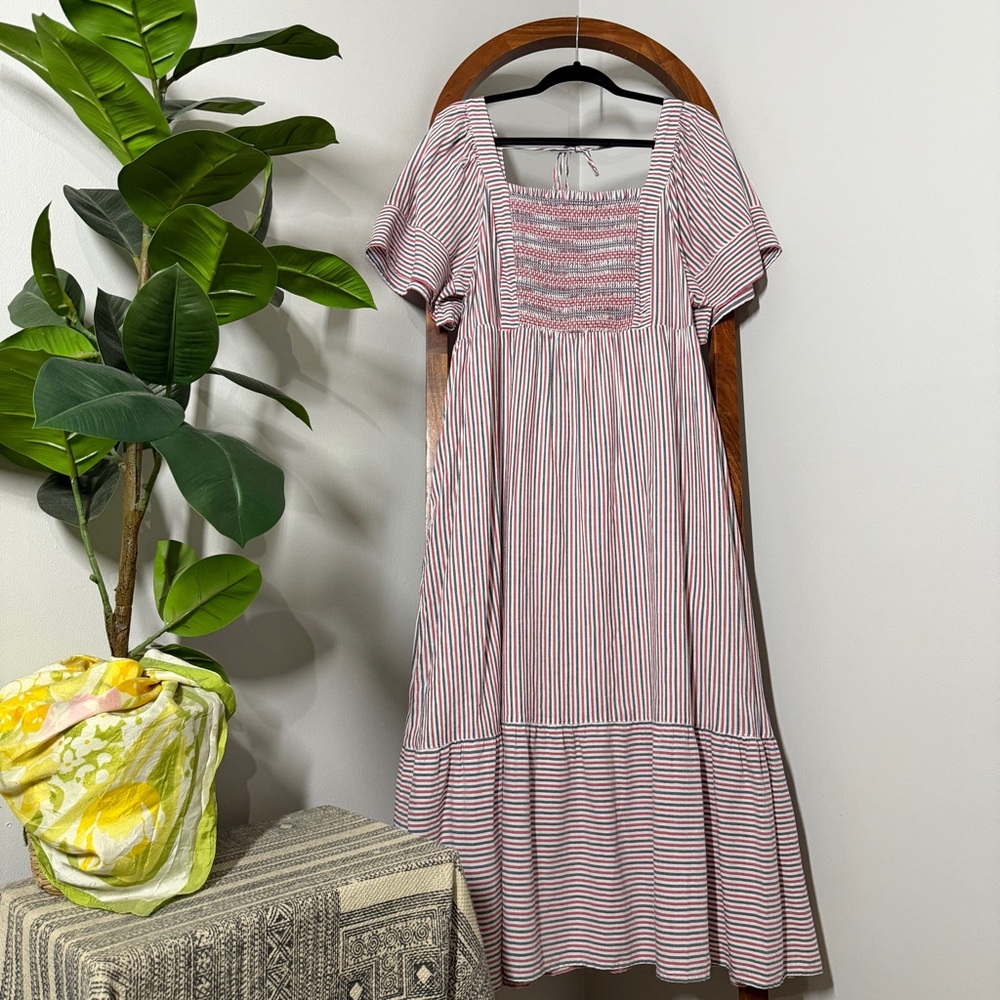 Old Navy XL Red White Blue Striped Tiered Smocked Midi Dress